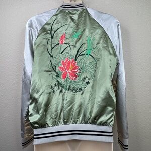 Cali 1850 Juniors Green Bomber Faux Satin Varsity Zip Up Jacket Sz. Medium M